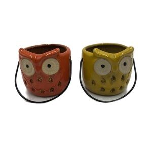 Vintage Gerson International Ceramic Owls Set of 2 with Handles Orange Yellow